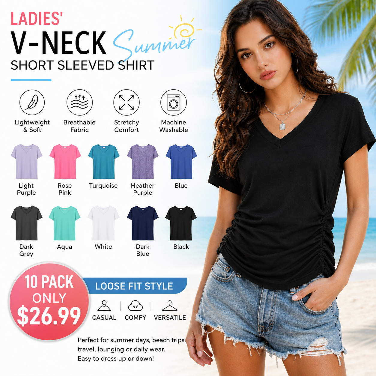 🔥 Women's V-Neck Everyday Tee | Ultra-Soft, Flattering Fit & All-Day Comfort 💖