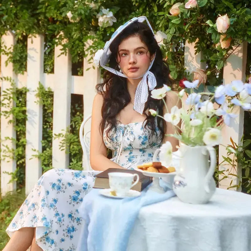 Vacation Casual Style, Spring Summer Wear,  Floral Corset Milkmaid Midi Dress
