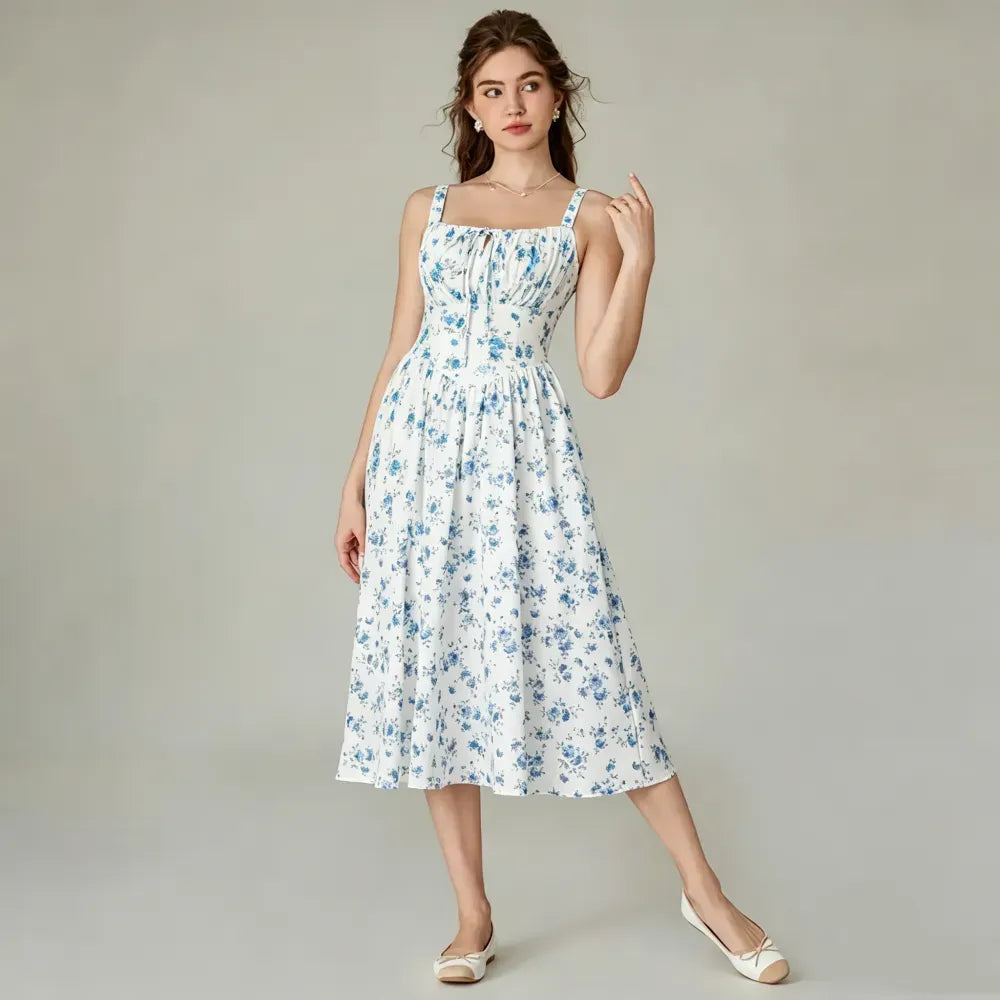 Vacation Casual Style, Spring Summer Wear,  Floral Corset Milkmaid Midi Dress