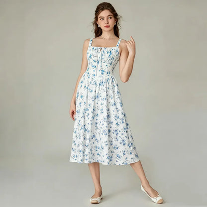 Vacation Casual Style, Spring Summer Wear,  Floral Corset Milkmaid Midi Dress