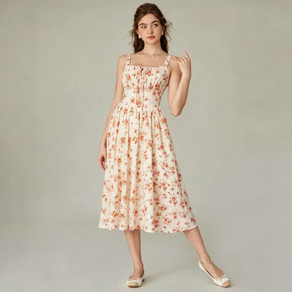 Vacation Casual Style, Spring Summer Wear,  Floral Corset Milkmaid Midi Dress