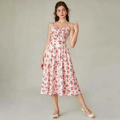 Vacation Casual Style, Spring Summer Wear,  Floral Corset Milkmaid Midi Dress