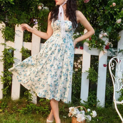 Vacation Casual Style, Spring Summer Wear,  Floral Corset Milkmaid Midi Dress