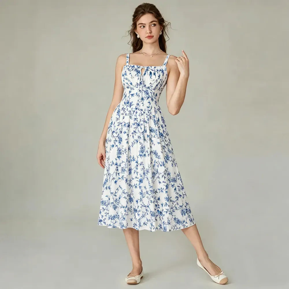 Vacation Casual Style, Spring Summer Wear,  Floral Corset Milkmaid Midi Dress