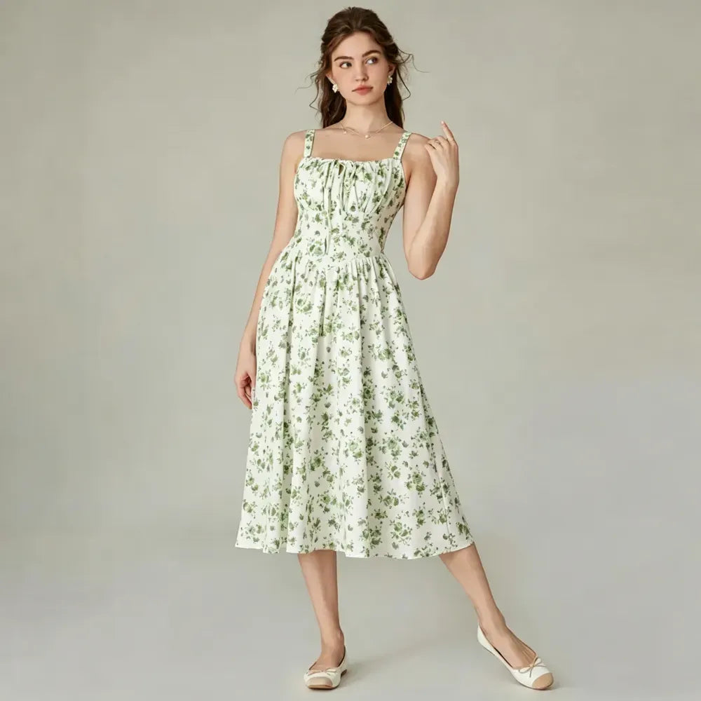 Vacation Casual Style, Spring Summer Wear,  Floral Corset Milkmaid Midi Dress