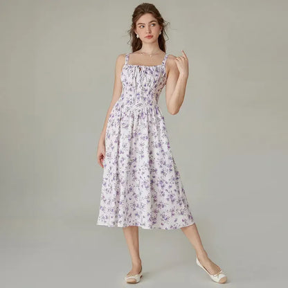 Vacation Casual Style, Spring Summer Wear,  Floral Corset Milkmaid Midi Dress