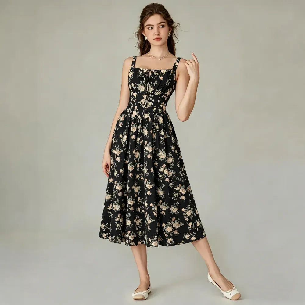 Vacation Casual Style, Spring Summer Wear,  Floral Corset Milkmaid Midi Dress