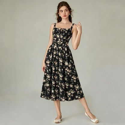 Vacation Casual Style, Spring Summer Wear,  Floral Corset Milkmaid Midi Dress