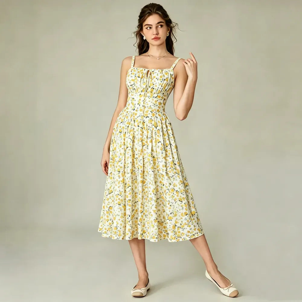 Vacation Casual Style, Spring Summer Wear,  Floral Corset Milkmaid Midi Dress